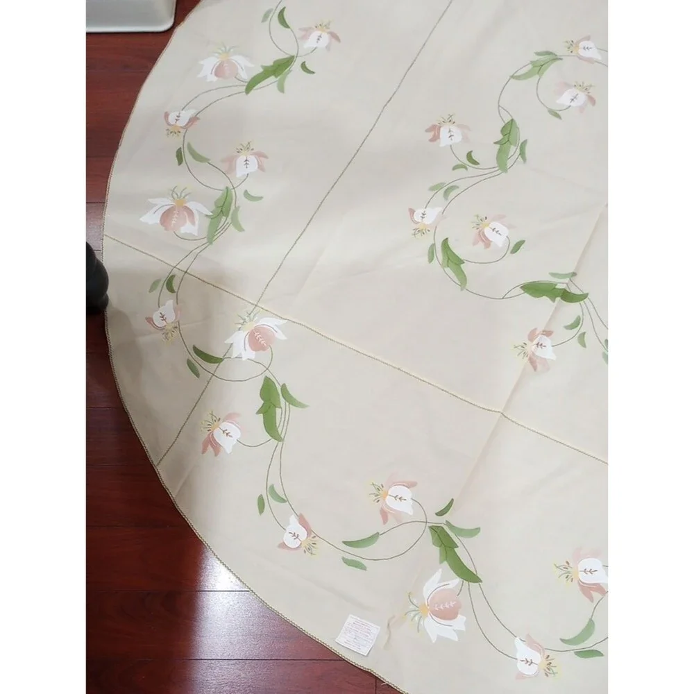 Floral Applique and Embroidered Beige Round Tablecloth, 68